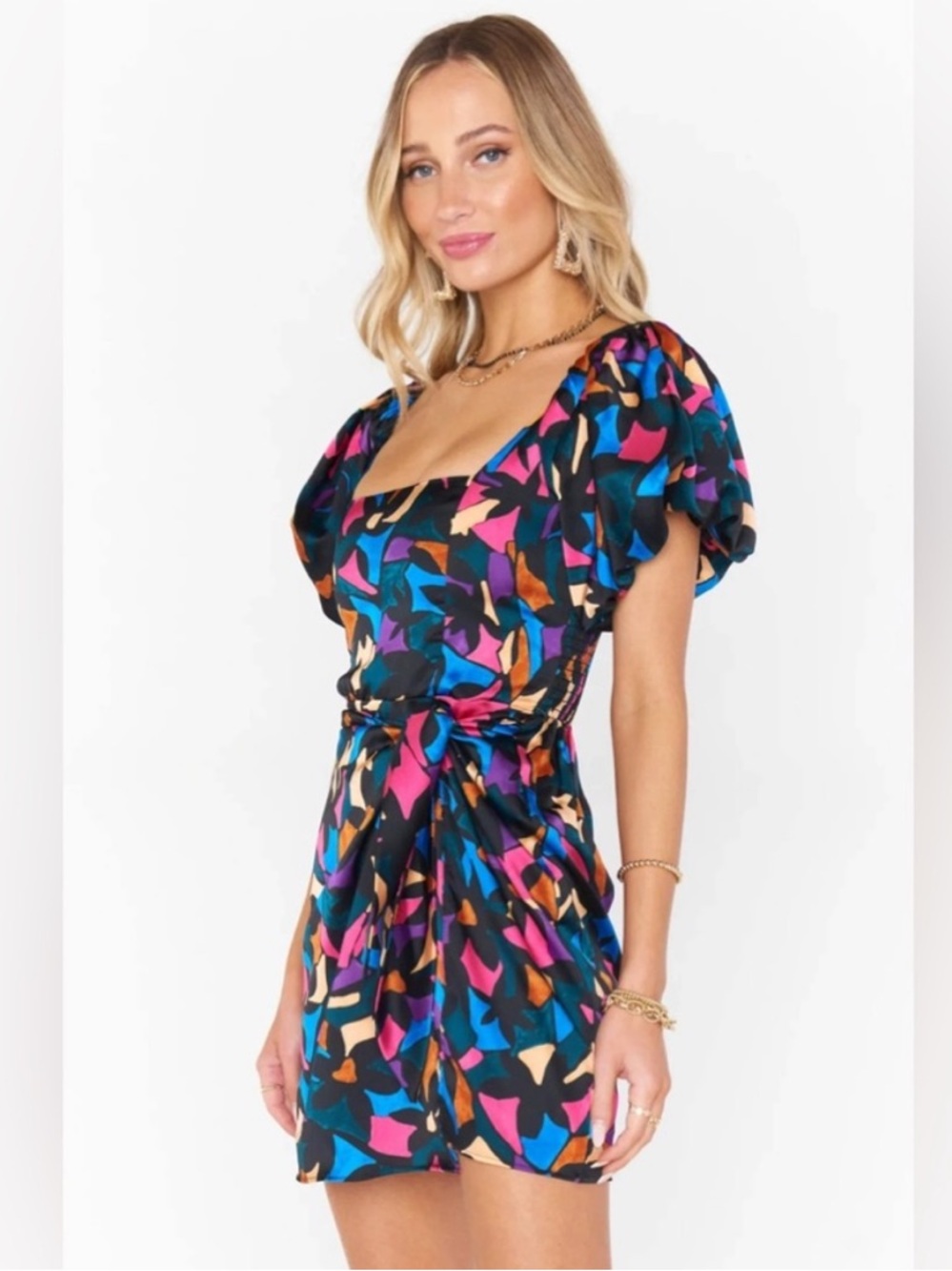 Show Me Your Mumu DanielleMini Dress Geometric Multicolored Puff Sleeve Size M